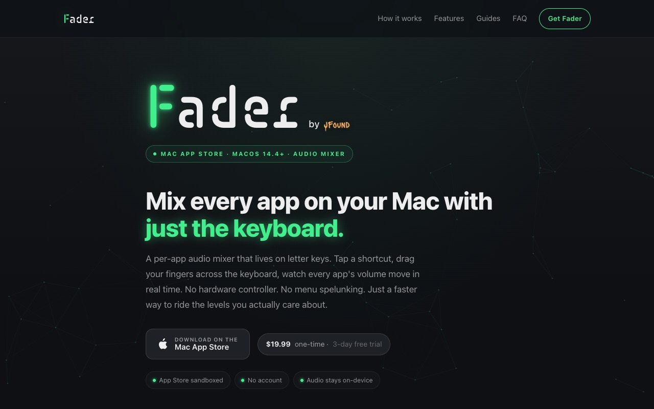 Fader macOS audio mixer landing page screenshot